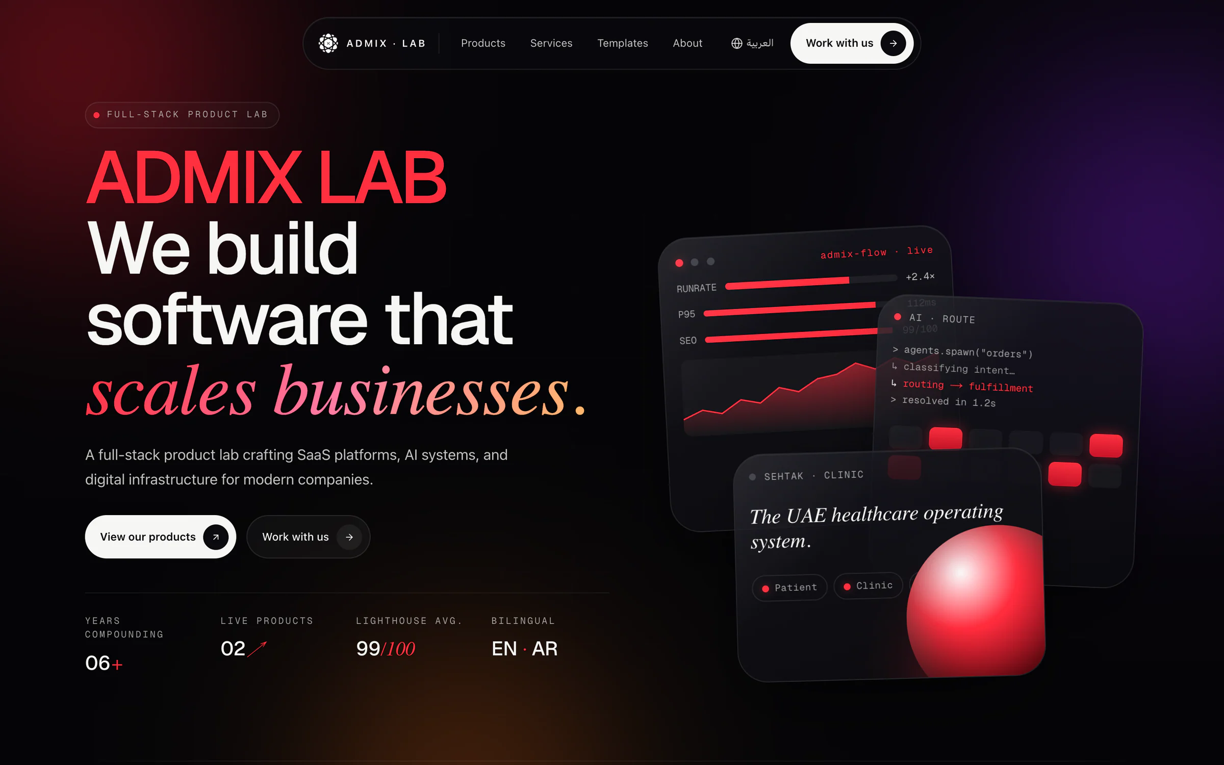 الصفحة الرئيسية لموقع Admix Lab على شاشة حاسوب: العنوان بالإنجليزية ومعناه «نبني برمجيات تنمّي الأعمال»، وإلى جانبه مجموعة من البطاقات الزجاجية الداكنة المصممة بالكود