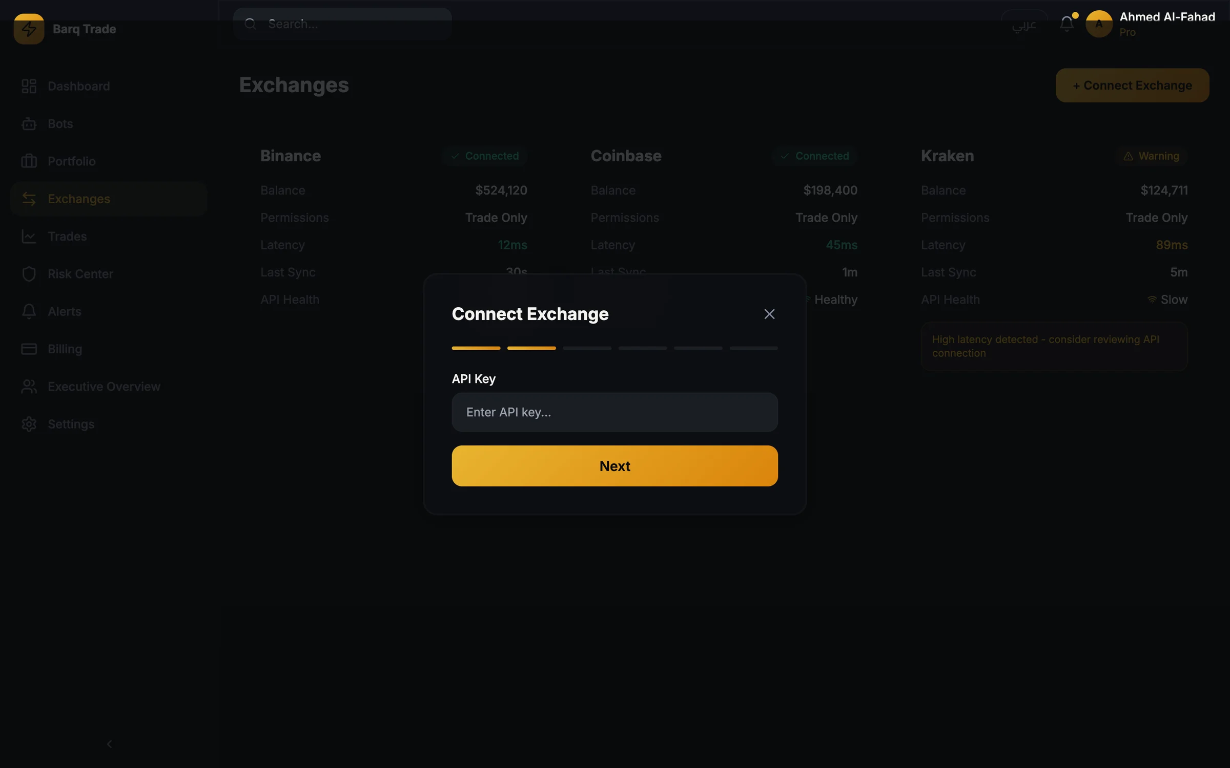 Connect Exchange dialog over the Exchanges page: a six-step progress bar on step two, an empty API Key field and a Next button; behind it, cards for Binance, Coinbase and Kraken with balance, trade-only permissions, latency, last sync and API health (sample data, UI prototype)