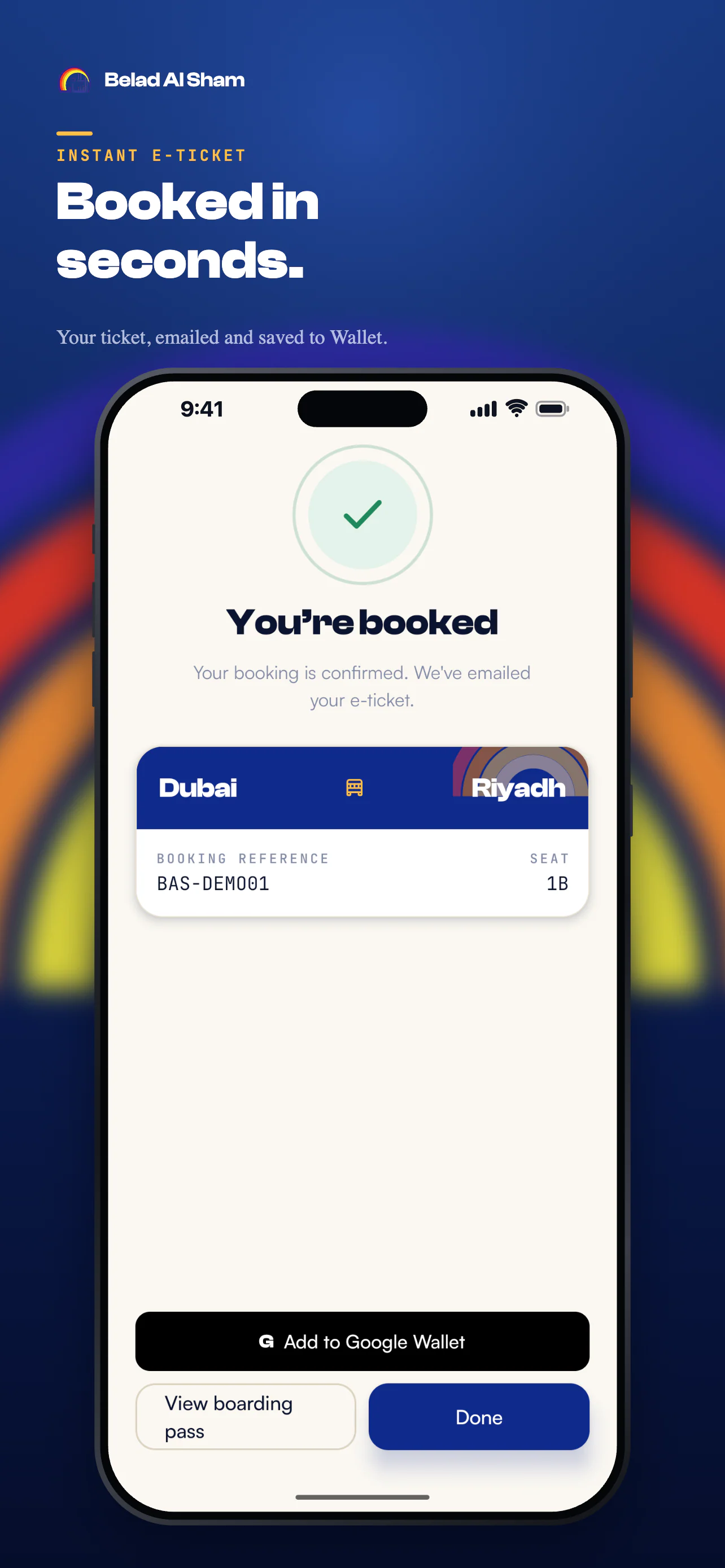 App Store artwork 'Booked in seconds.': a You're booked confirmation with the Dubai to Riyadh ticket and its booking reference, an Add to Google Wallet button and View boarding pass (demo data)
