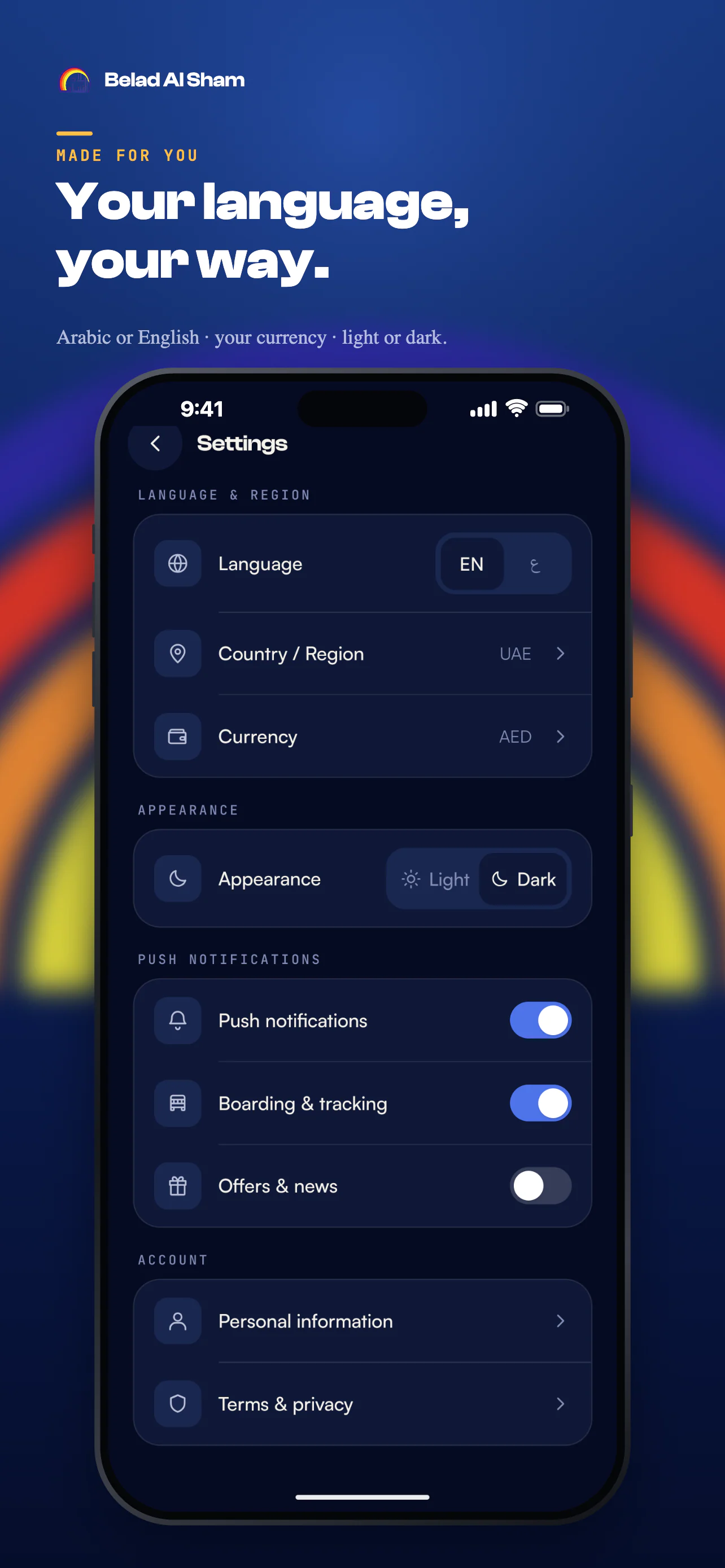 App Store artwork 'Your language, your way.': dark-mode settings for language, region, currency, appearance and push notifications