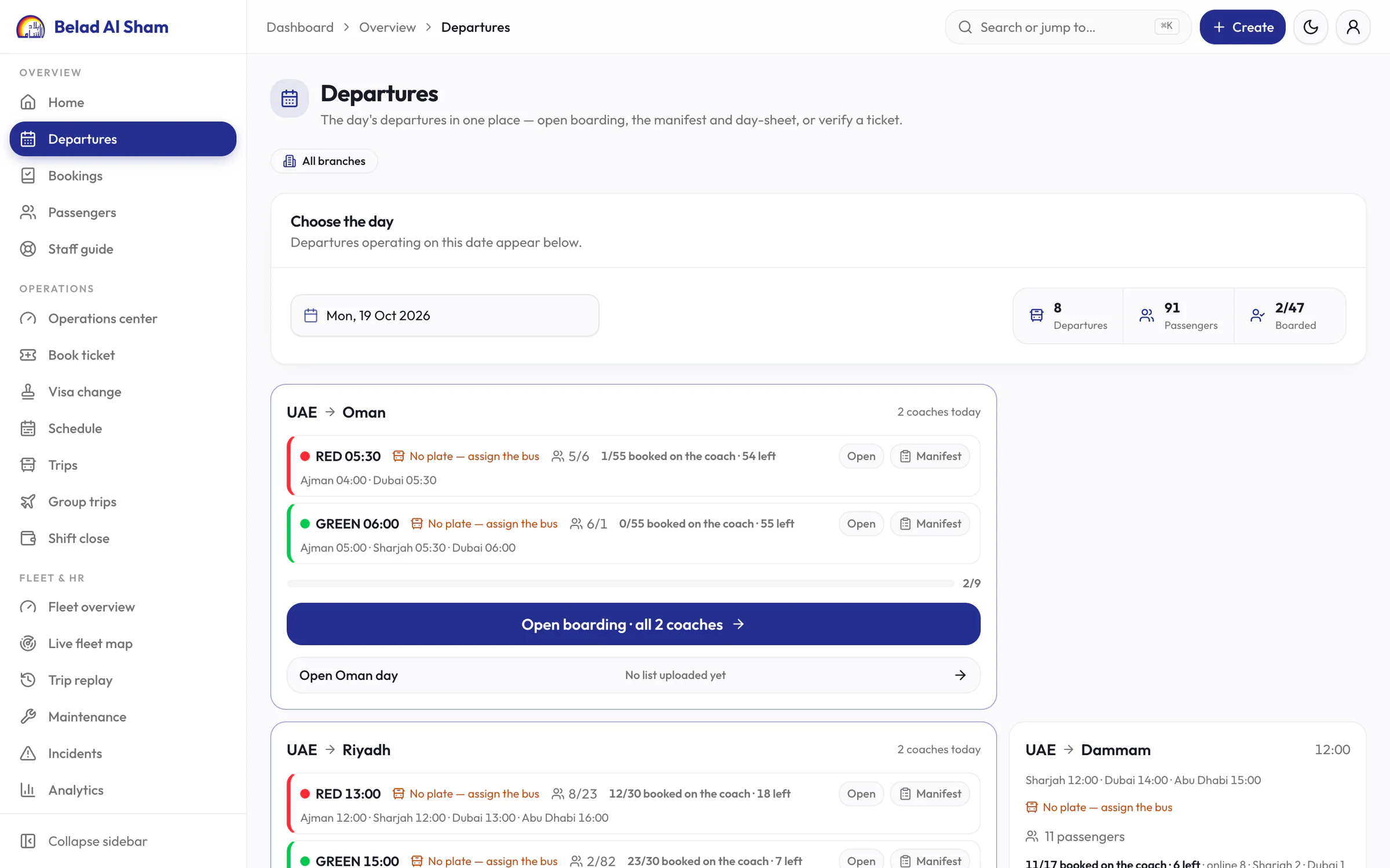 Departures hub for one day: a date picker with departure, passenger and boarded counts, and route cards for Oman, Riyadh and Dammam listing each coach with its pickup times, bookings, Open and Manifest buttons, and an Open boarding button