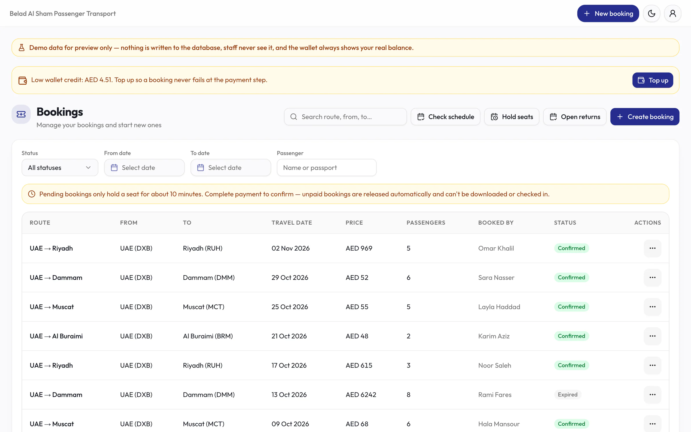 Agency bookings under a demo-mode banner: search, Check schedule, Hold seats, Open returns and Create booking buttons, filters, and a table of routes, travel dates, prices, passenger counts, who booked and status