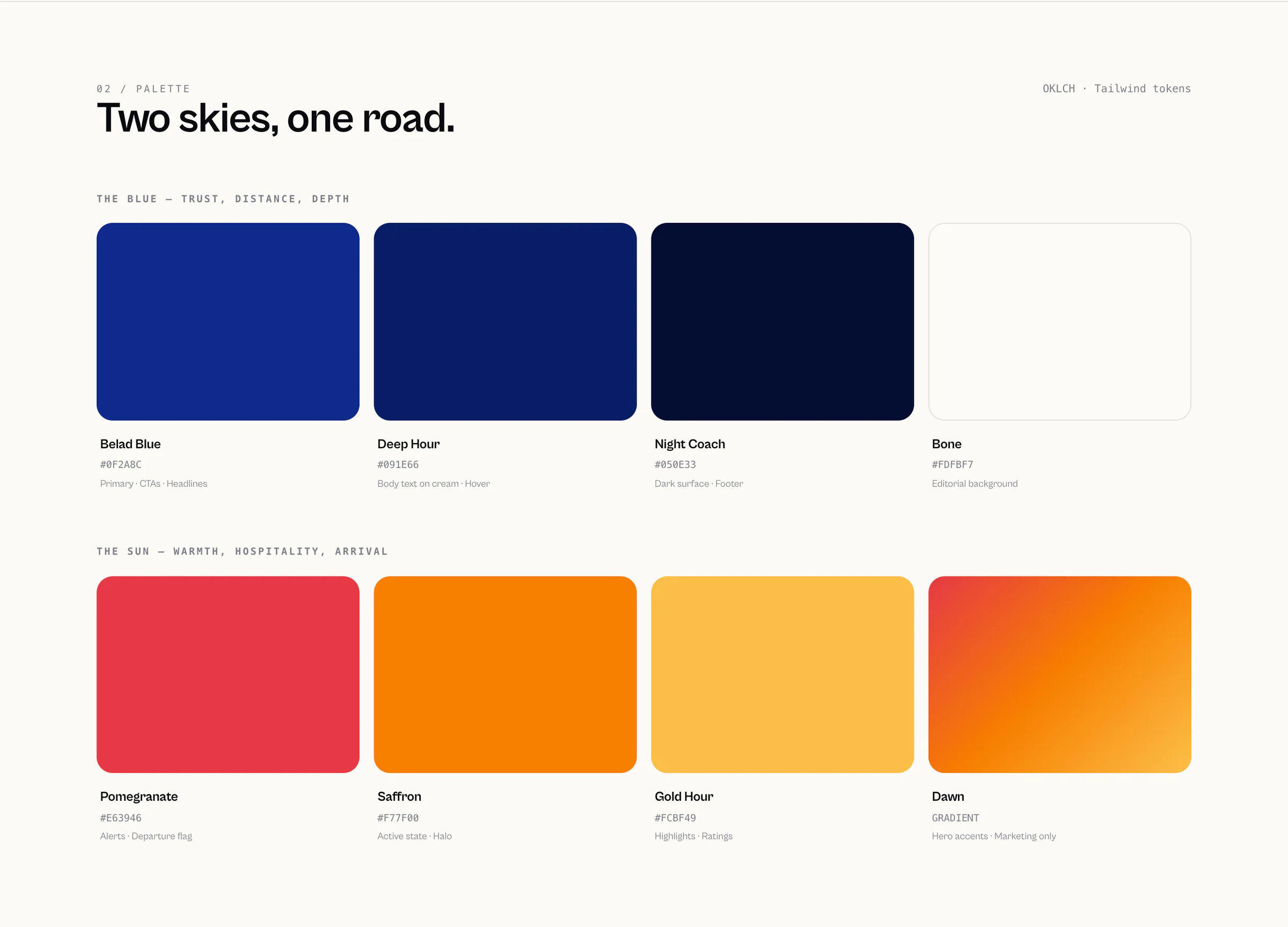 Palette page 'Two skies, one road.': a row of blues with a light neutral and a row of warm tones ending in a dawn gradient, each swatch with its value and role