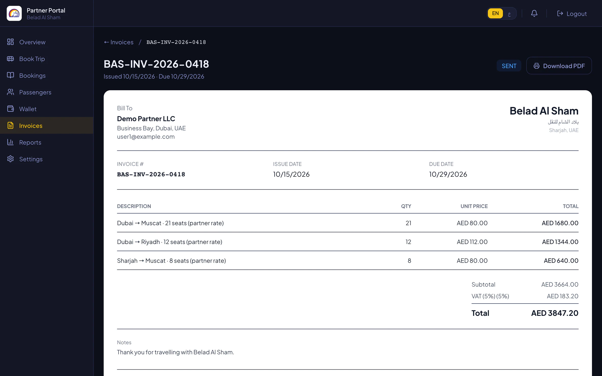 Platform v1 co-branded invoice for a demo partner: line items per route at partner rates, VAT, the total and a Download PDF button