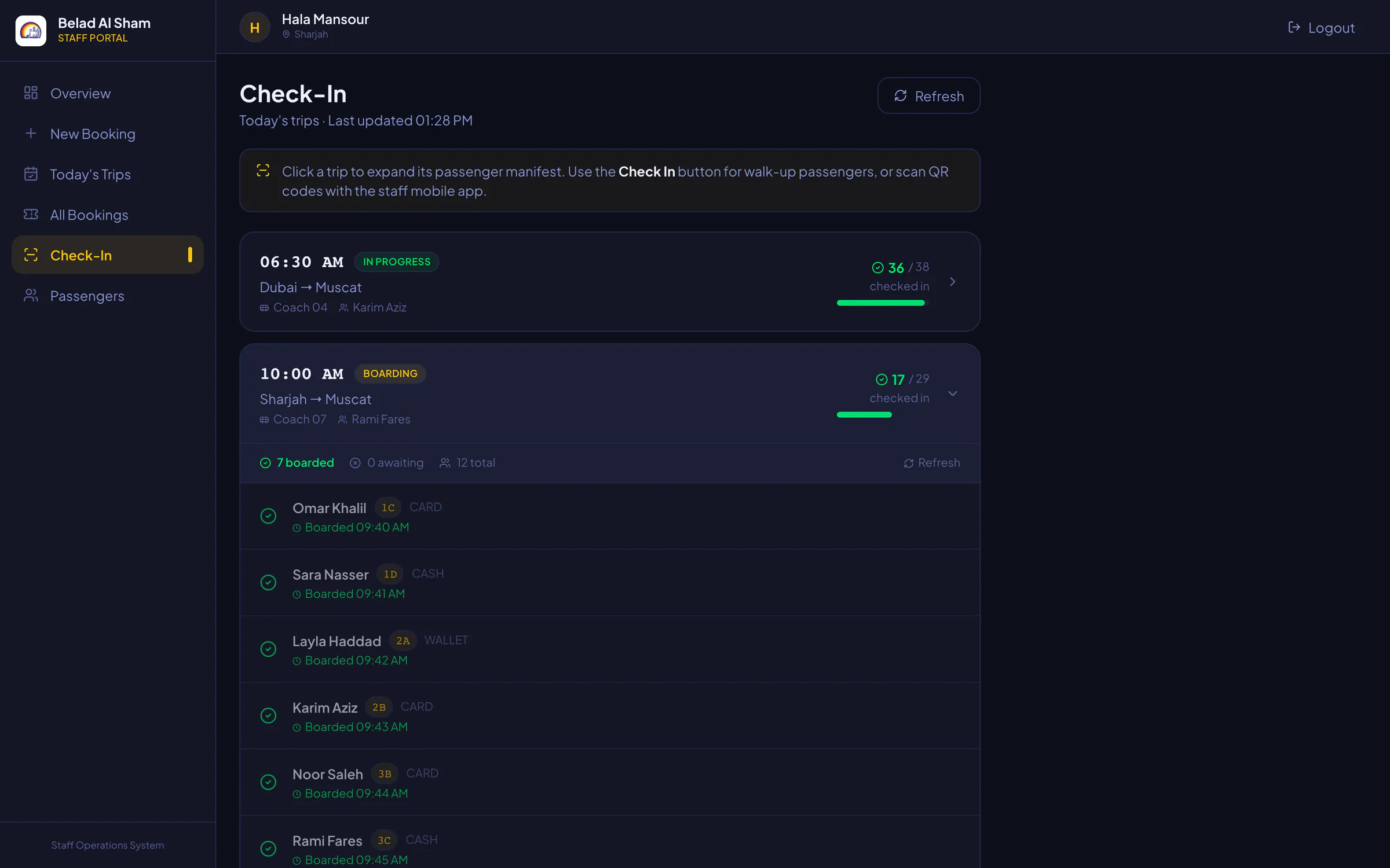 Platform v1 staff portal check-in: today's trips with check-in progress, and one trip expanded into its manifest with each passenger's boarding time and payment method