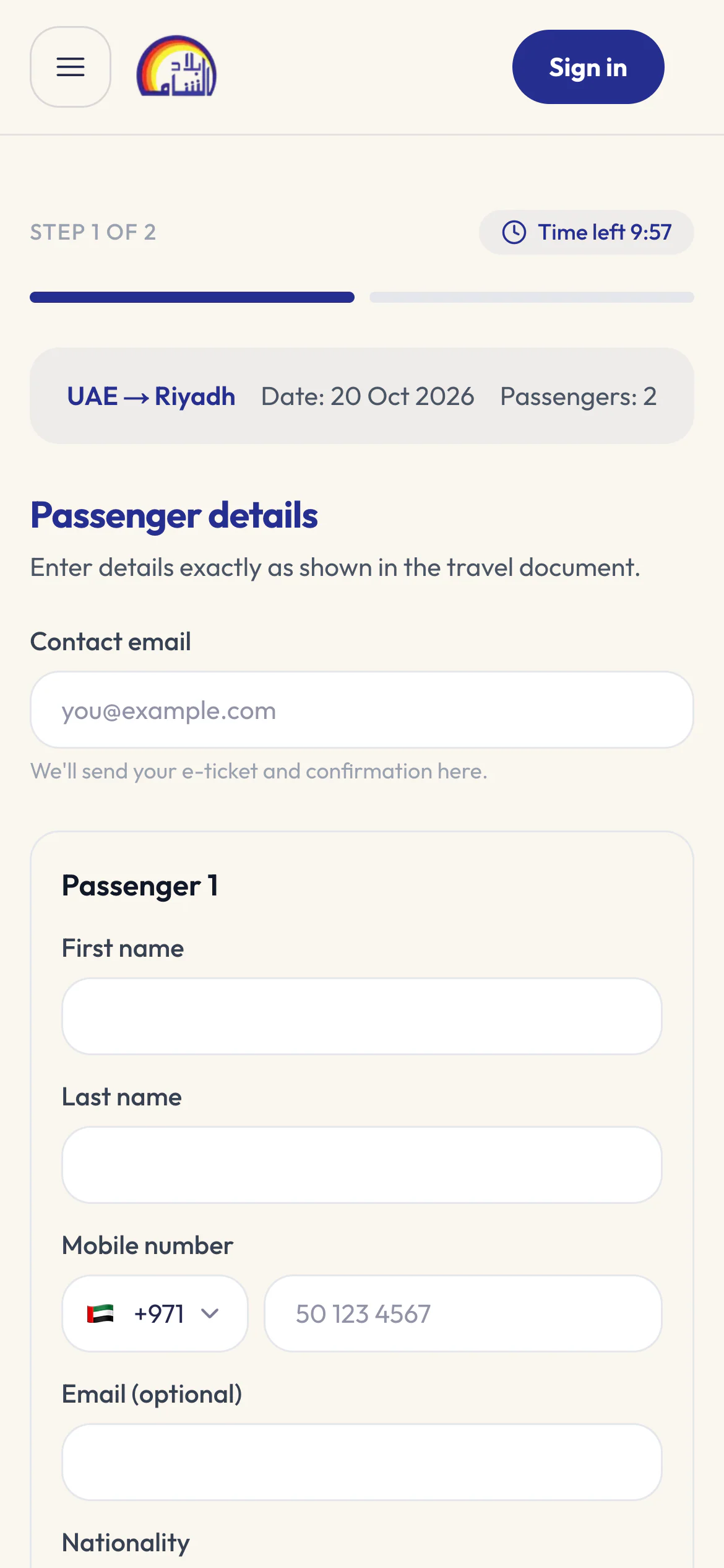 Checkout step 1 of 2 on a phone: the trip summary, a 10-minute countdown and an empty passenger details form