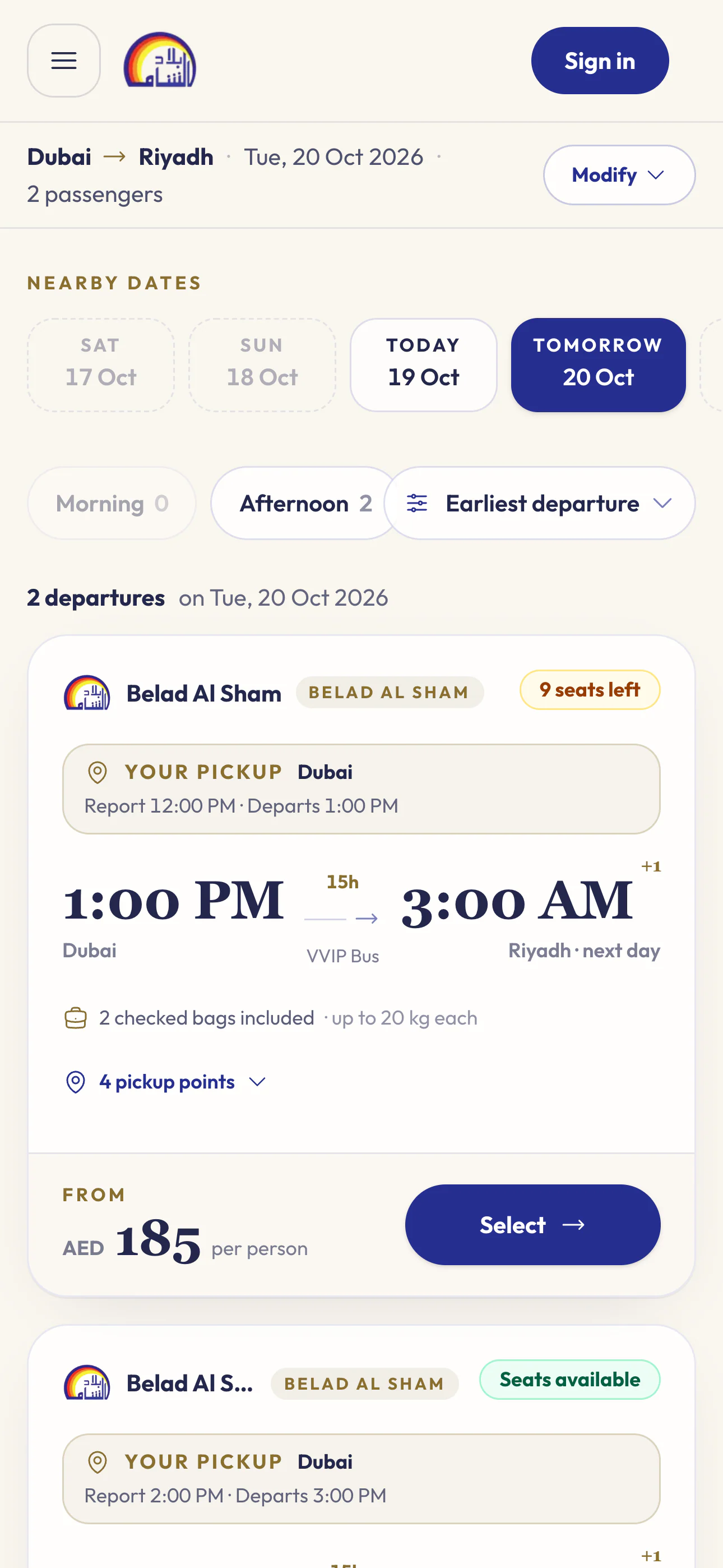 Trip results on a phone: nearby-date chips, time filters and a trip card with seats left, pickup times, bag allowance and a Select button