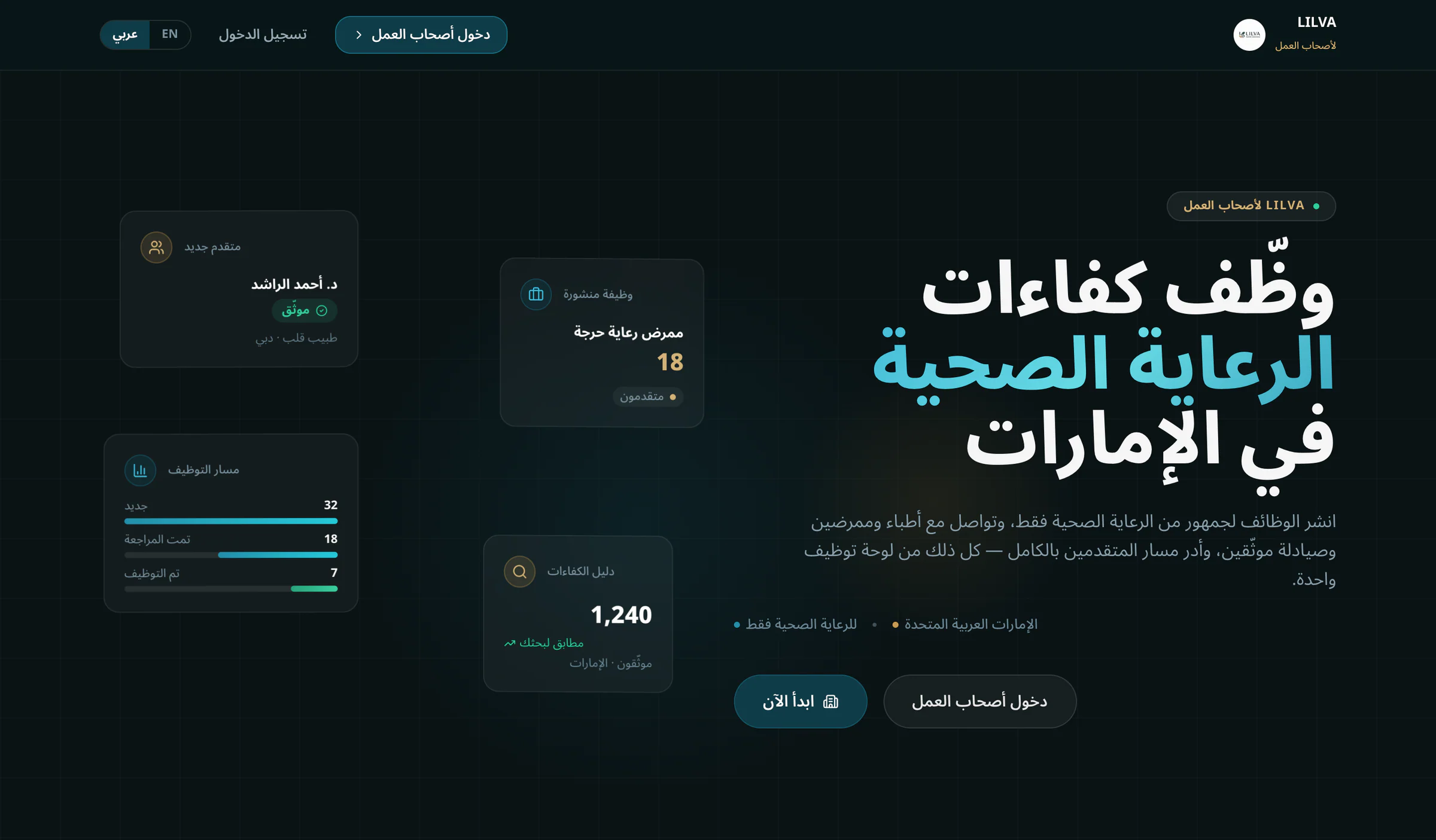 صفحة LILVA لأصحاب العمل بالعربية بعنوان «وظّف كفاءات الرعاية الصحية في الإمارات»، بتخطيط من اليمين إلى اليسار