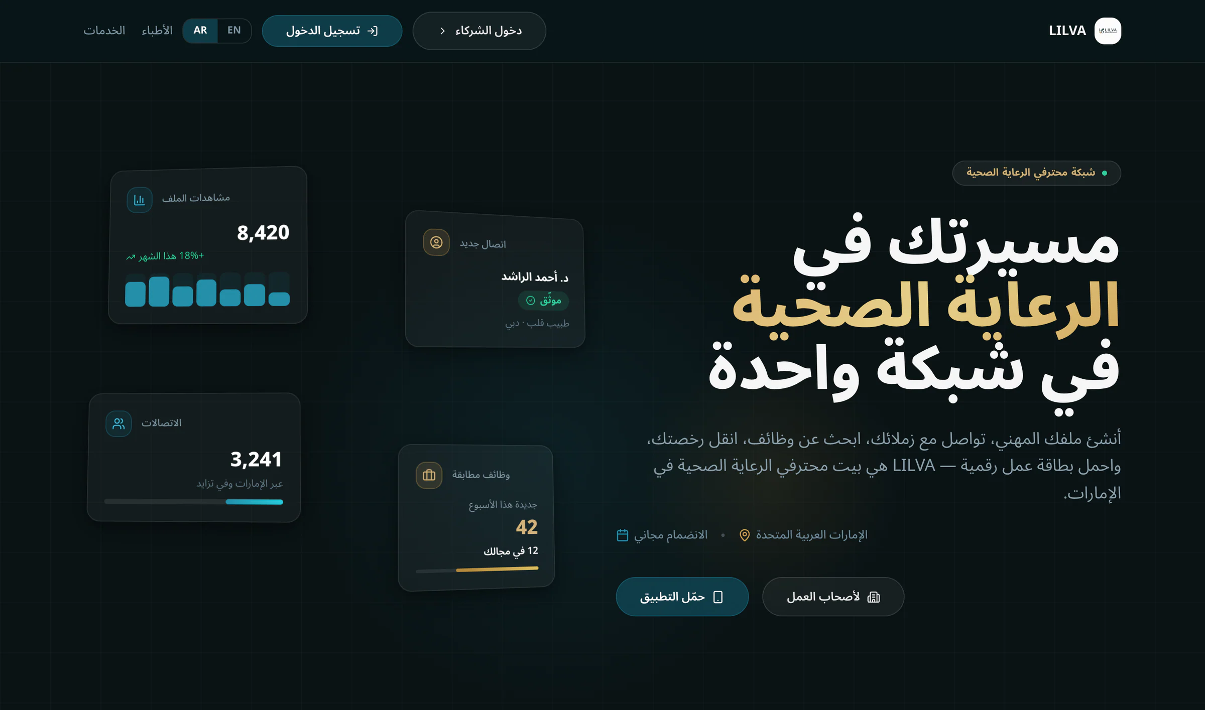 الصفحة الرئيسية لموقع lilva.ae بالعربية بعنوان «مسيرتك في الرعاية الصحية في شبكة واحدة»، وقد انعكس تخطيطها بالكامل من اليمين إلى اليسار