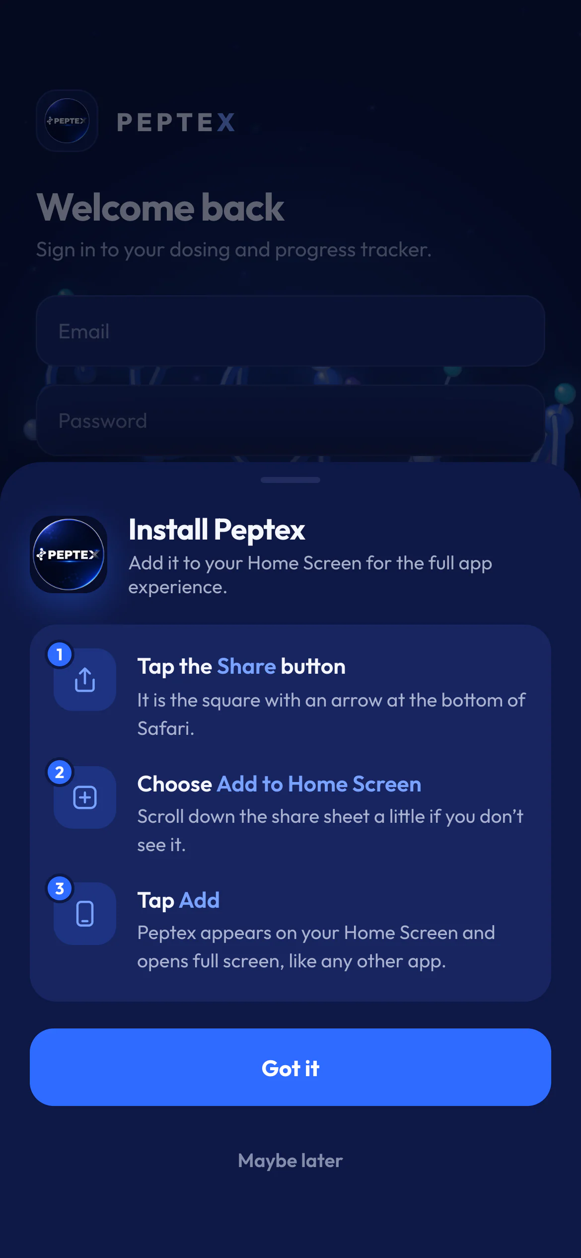 نافذة Install Peptex فوق شاشة تسجيل الدخول، مع ثلاث خطوات مرقمة لأجهزة iPhone: الضغط على Share، ثم اختيار Add to Home Screen، ثم الضغط على Add