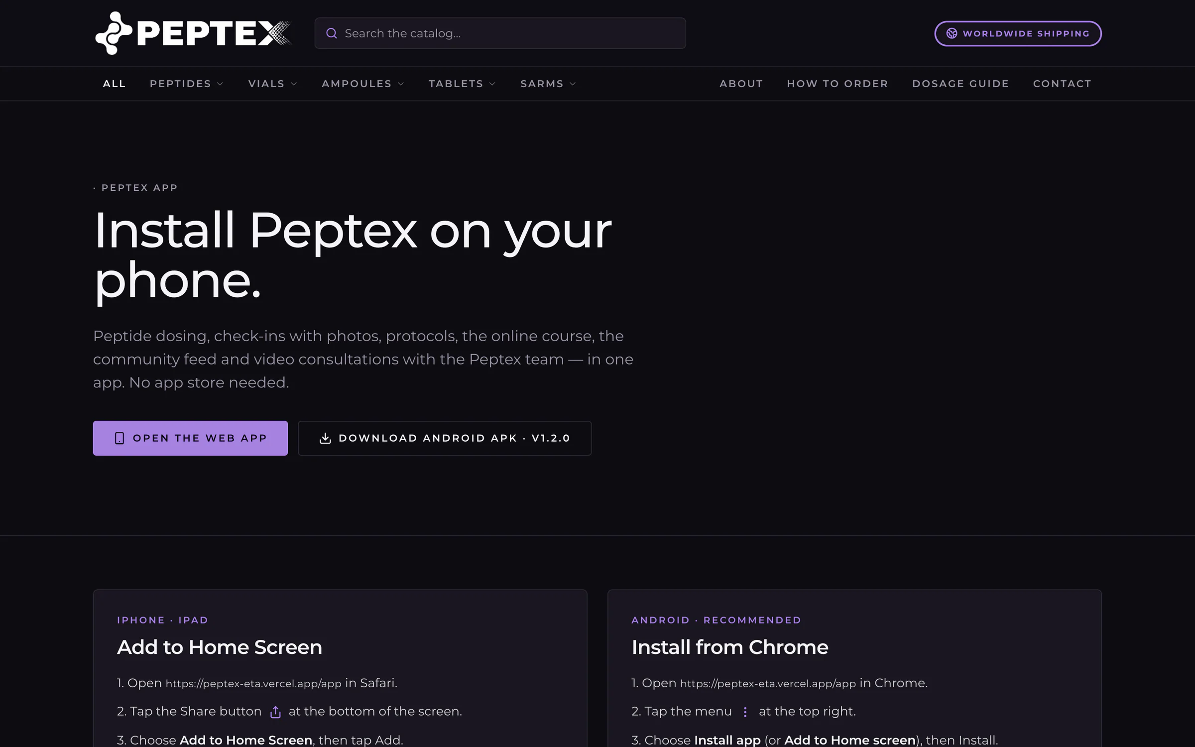 صفحة تحميل التطبيق: عنوان «Install Peptex on your phone»، وزران أحدهما لفتح تطبيق الويب والآخر لتنزيل ملف APK لأجهزة Android (الإصدار 1.2.0)، وخطوات التثبيت على iPhone وAndroid