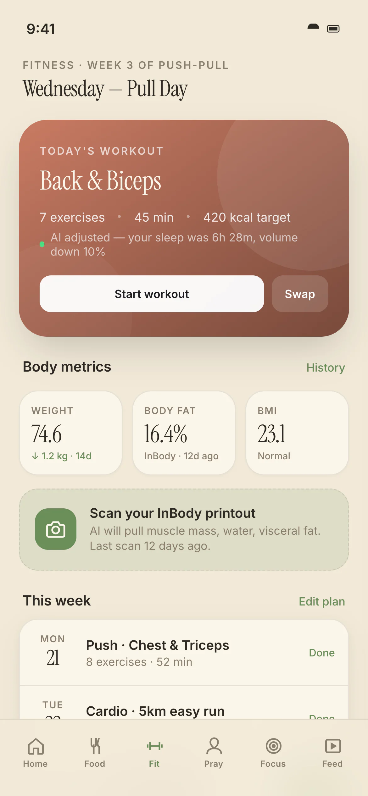 تبويب اللياقة في «يومي» بسمة Organic Calm: بطاقة تمرين اليوم بعد أن عدله الذكاء الاصطناعي بحسب نوم الليلة الماضية، مع زري البدء والتبديل، وبطاقات الوزن ونسبة الدهون ومؤشر كتلة الجسم، وبطاقة لمسح تقرير InBody، وخطة الأسبوع